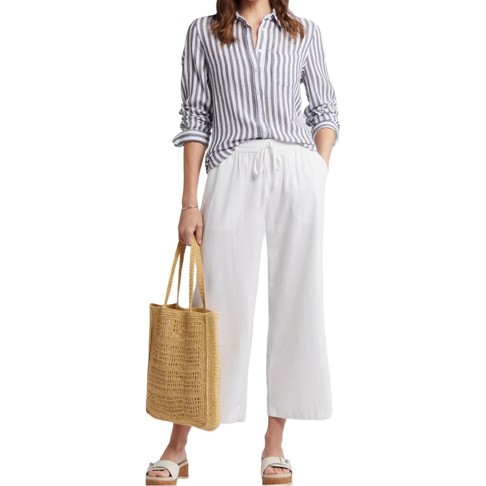 Caslon White Wide Leg Linen-Blend Pants